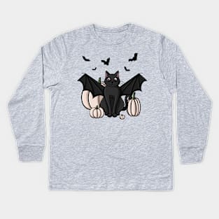 Cute Black Cat in a Bat Costume With White Pumpkins Kids Long Sleeve T-Shirt